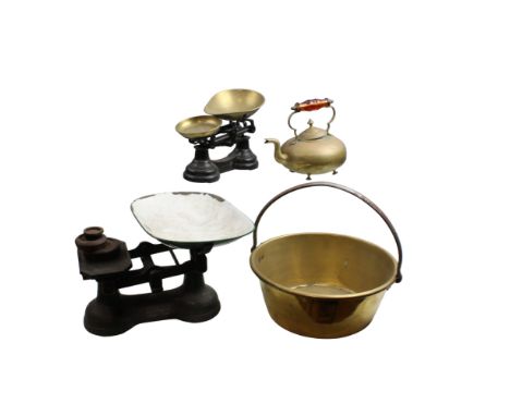 A group of kitchenalia including Whittaker cast iron scales with enamelled pan, a brass jam pan and a Victorian brass kettle 