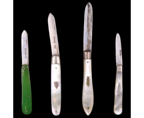 Four various early 20th Century silver pocket fruit knives, having mother-of-pearl and green grip scales