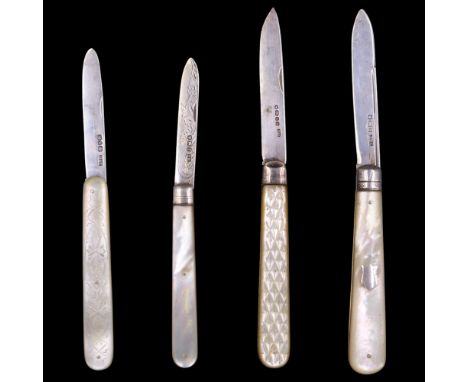Four early 20th Century silver pocket fruit knives, all having mother-of-pearl grip scales