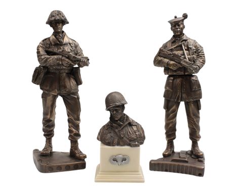 Two bronzed resin sculptures of post-war British infantrymen, including The Royal Highland Fusiliers, together with a similar