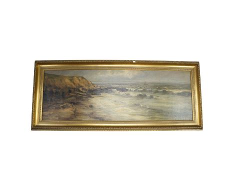 A late 19th / early 20th Century panoramic coastal view past cliffs and a rocky shore towards a rough sea crashing into the r