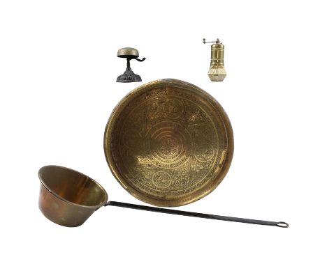 Domestic and office metalware comprising a Middle Eastern brass tray and coffee grinder, an iron-handled brass pan and a Vict