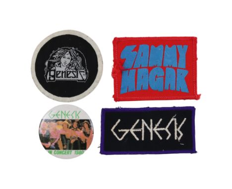A 1980 "Genesis on Tour" button badge together with two related fabric patches and a Sammy Hagar patch