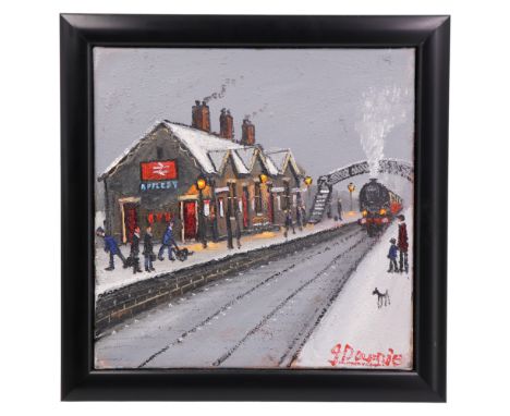 James Downie (contemporary)A textured study of a winter early evening snow-dusted Appleby railway station, the gloom eased by