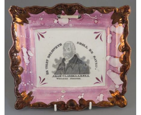 An early nineteenth century black and white transfer-printed Sunderland lustre plaque, c. 1825.  It is decorated with a portr