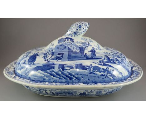 An uncommon early nineteenth century blue and white transfer-printed Spode Caramanian series hash dish and cover, c. 1810. It