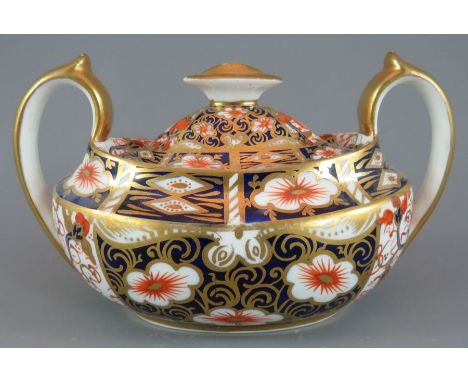 A late nineteenth century Royal Crown Derby porcelain two-handled covered sugar in pattern 2491, c. 1892. It is marked to the