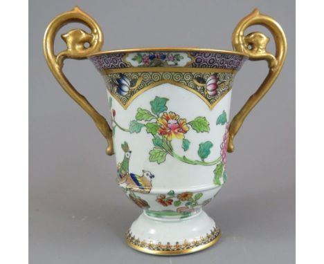 An early twentieth century Spode transfer-printed and coloured Peacock pattern two-handled vase, c. 1900. It is marked to the