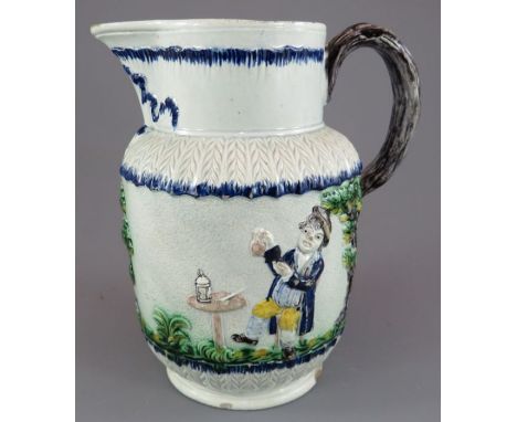 An early nineteenth century pearlware moulded jug with shell-edge borders and decorated in colours, c. 1810. It has pipe smok