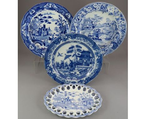 A group of four early nineteenth century blue and white transfer-printed wares, c. 1810-20. To include: a Spode Gothic Castle