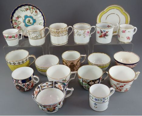 A group of mainly early nineteenth century Derby porcelain tea wares, c. 1800-65. To include: eight cans, six cups, three tea