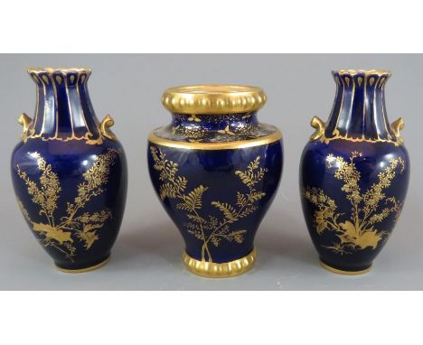 A group of early twentieth century Royal Crown Derby porcelain vases, c. 1900-10. All are decorated with raised gilding on a 