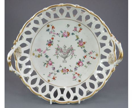 A superb mid-eighteenth century Chelsea Derby porcelain large, open two-handled dessert basket with open-work sides, c. 1760.