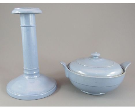 An early nineteenth century Spode blue ground candle stick and covered butter tub, c. 1820. Both are marked to the underside.