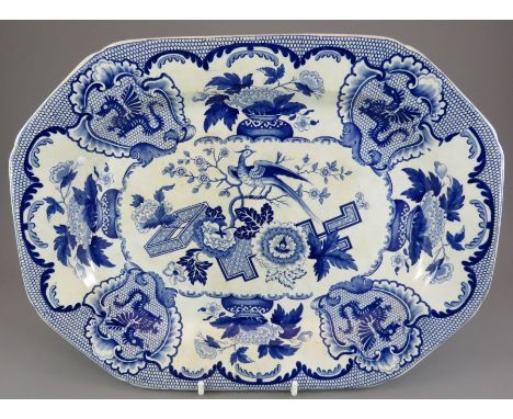 An early nineteenth century blue and white transfer-printed Ridgway Pheasant & Peony Opaque China platter, c. 1825. 38 cm wid