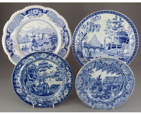 A group of early nineteenth century blue and white transfer-printed plates, c. 1825. To include: C J Mason Trentham Hall side