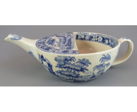 An early nineteenth century blue and white transfer-printed Spode Tower pattern invalid feeding cup, c. 1825. It is marked to