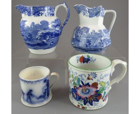 A group of nineteenth century blue and white transfer-printed wares, c. 1825-1900. To include: a floral mug with coloured hig