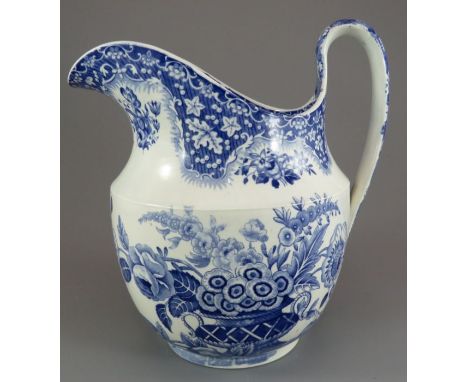 An early nineteenth century blue and white transfer-printed Spode Filigree pattern ewer jug, c. 1825. It is marked to the und