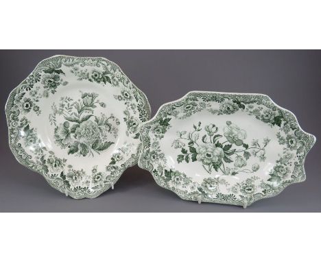 Two early nineteenth century green and white transfer-printed Spode British Flowers series dessert dishes, c. 1828. Both are 