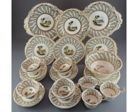 An early nineteenth century porcelain hand-painted scenic Rockingham part tea service, c. 1720. Pattern number 1235. Comprisi