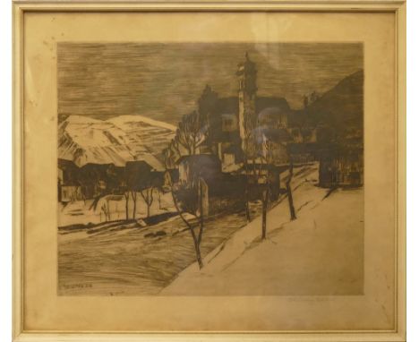 ROWLEY SMART, Edgar (1887-1934), Gidnese,  depicting European mountain town scene, etching, signed to mount.  33.5cm x 39cm