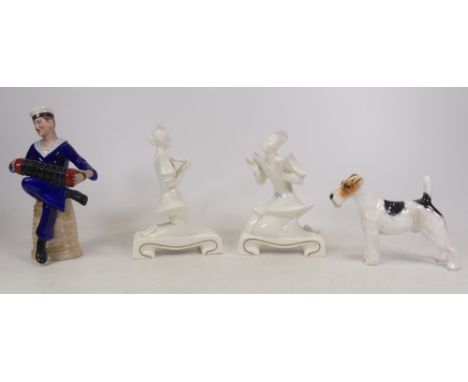 Four Ceramic Figures, Dresden Germany Figure of Sailor with Accordion. Hat has gilt 'Orcades', Beswick Fox Terrier and Royal 