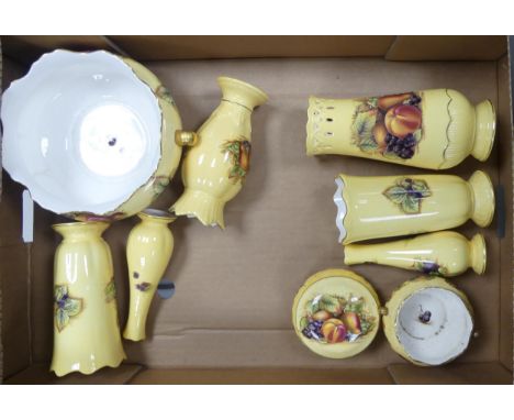 A collection of Aynsley Orchard Gold to include planter, vases, lidded pot, etc (1 tray)