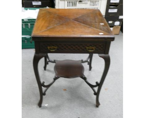 Edwardian mahogany envelope swivel top card table with drawer. 55cm x 55cm x 71cm high.