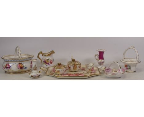 A Collection of 19th Century handpainted Porcelain including pot pourri basket, tea tray a/f, taper stick, etc.