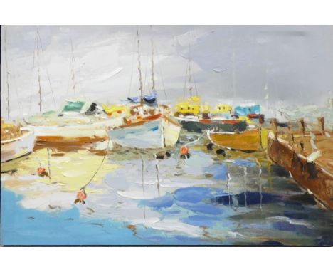 A Modern Textured Print on Canvas depicting Harbour with Boats. Height: 60cm Width: 90cm