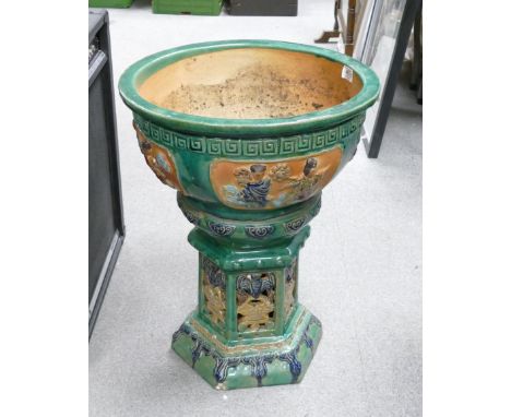 Earthen Ware Green Glazed Oriental Flower Planter with Plinth (46cm D) (2)