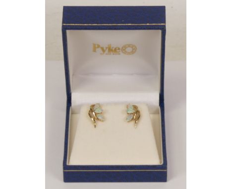 Pair of 14ct gold opal leaf earrings, 2.2g.