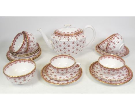 Spode Fine Bone China Part Tea Set Fleur De Lys Red To Include One Teapot, Sugar Bowl and Six Trio's (20 pieces)