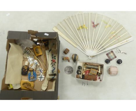 A Collection of Antique Curios and Sewing Implements including miniature measuring tapes, Spools, Snuff Boxes, Weaving Tools,