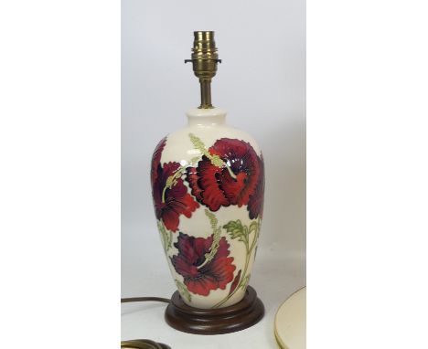 Moorcroft, Hibiscus Type Design Lamp Base with Shade. Height: 25.5cm to top of ceramic body