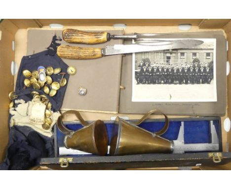 A mixed collection of items to include Gaunt London brass naval buttons , Royal Naval Engine enamelled badge, vintage photogr