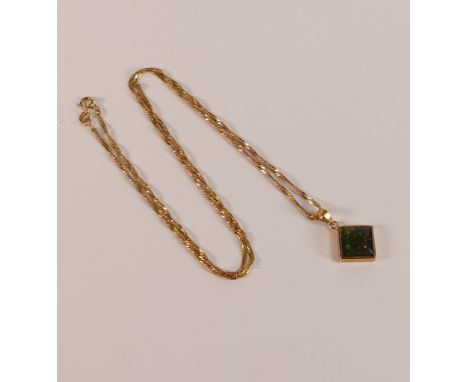 14kt gold square green opal pendant and 9ct gold necklace, 3.6g.