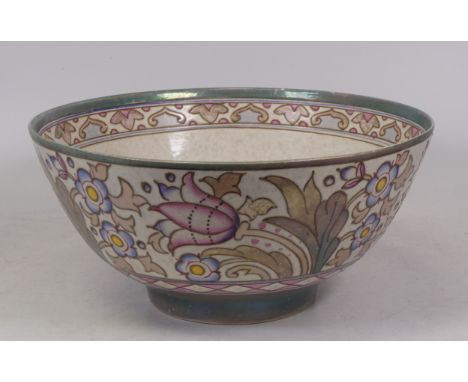 Charlotte Rhead for Burlsey Ware Fruit Bowl in the Wind Tossed Tulip Pattern. Diameter: 28cm