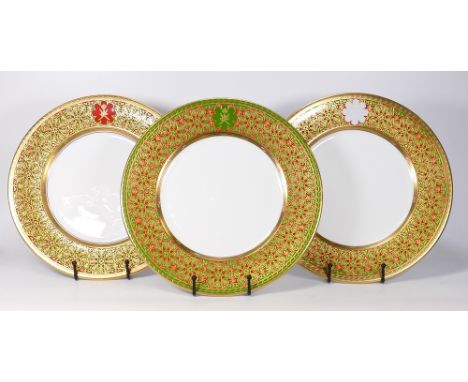 Three De Lamerie Fine Bone China heavily gilded Special Commission patterned Dinner Plates , specially made high end quality 