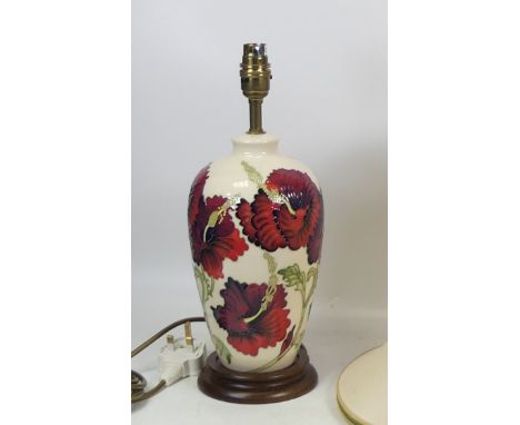 Moorcroft, Hibiscus Type Design Lamp Base with Shade. Height: 25.5cm to top of ceramic body