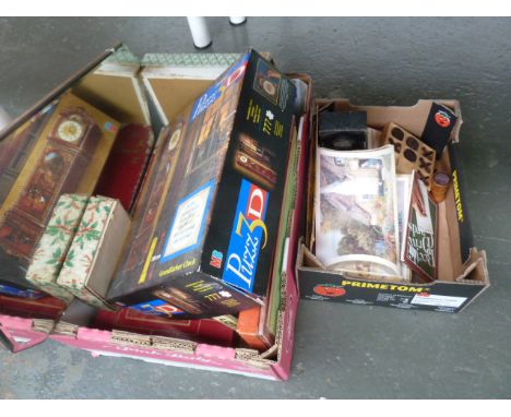 Two boxes of board games and puzzles including vintage naughts and crosses, Monopoly Deluxe, Spears 'Lotto' with a rectangula