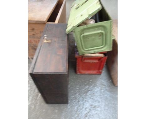 Two vintage ammunition boxes, one green one red, with a selction of vintage tools, with another wooden box