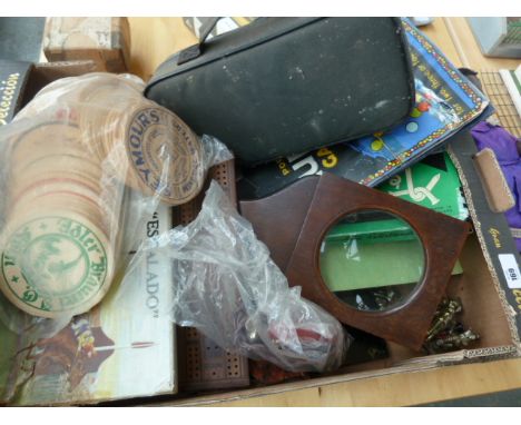 A mixed box of vintage games to include Snakes & Ladders, Ludo, packs of cards, metal puzzles and Chad Valley Escaldo, and va