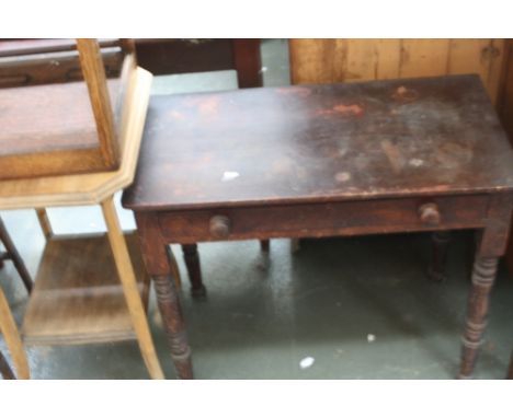 A Victorian pine side table with frieze drawer on turned legs, with an Edwardian pot stand and one other (3)