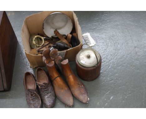 A box of 19th century and later shoes and shoe accessories and a vintage ice bucket