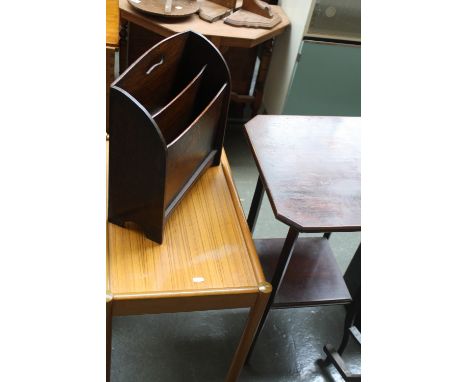 A stained wood square pot stand with undershelf, an oak magazine rack, with a rectangular side table with turned legs