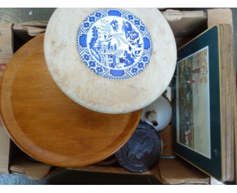 A mixed lot to include J Alken Hunting table mats, a wooden lazy susan, yellow vintage tin dish and a set of African carved c