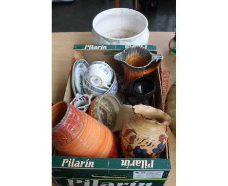 A selection of ceramics including a white glaze planter, an orange and grey drip glaze jug and a Coalport 'French Noble' part