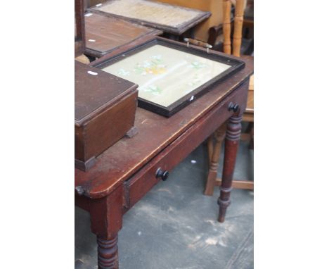 A Victorian pine side table one long drawer over turned legs, with a cream painted airing stand, a floral tray and a sewing b